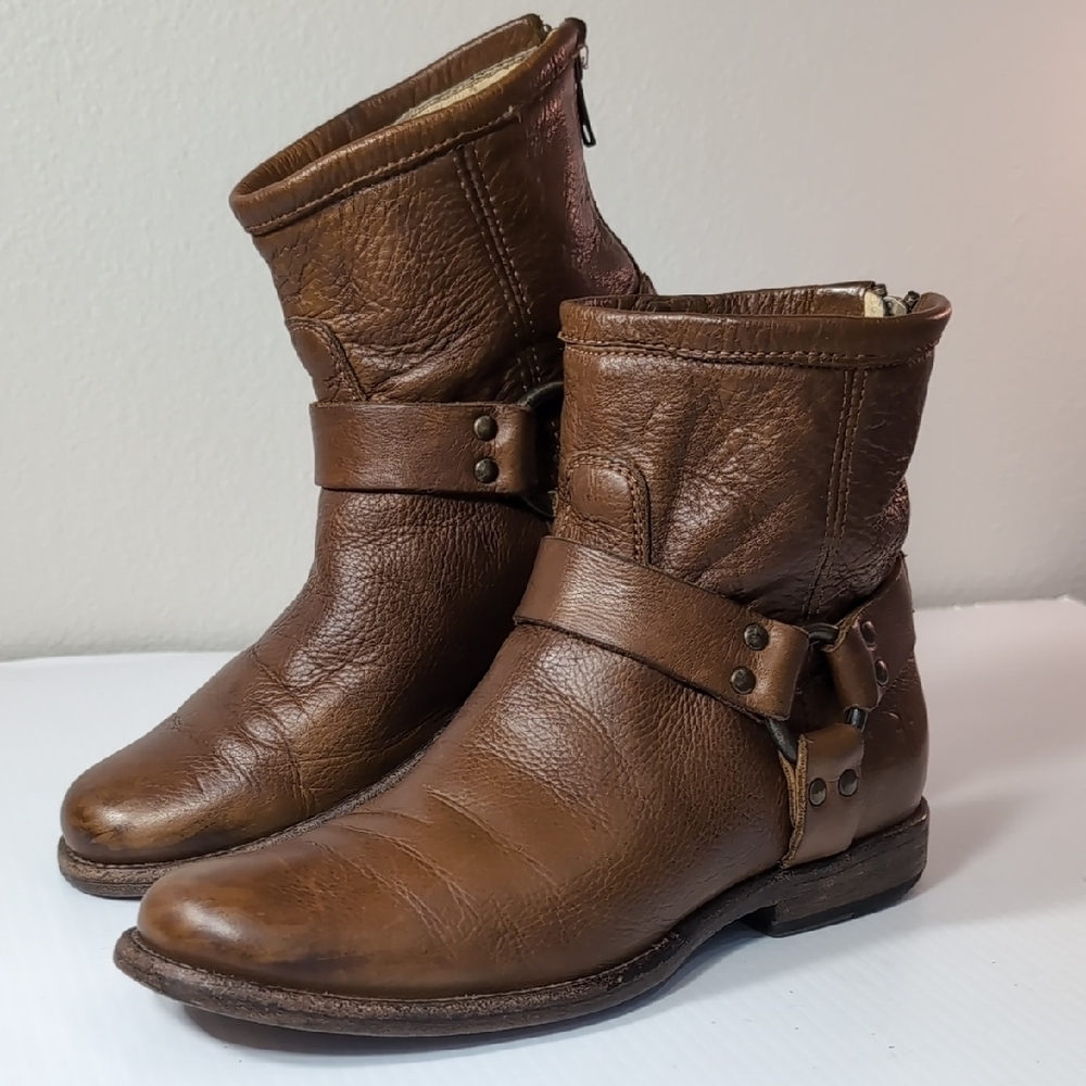 Frye Brown Leather Phillip Harness Ankle Boots Size 6.5 Back Zipper